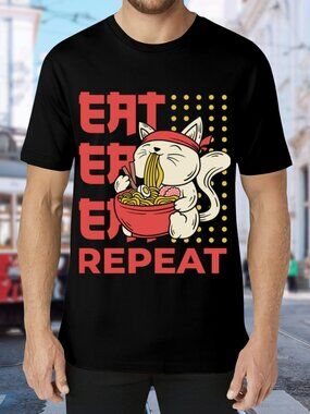 Eat Eat Eat Repeat Cat Ramen Graphic Tee - Black